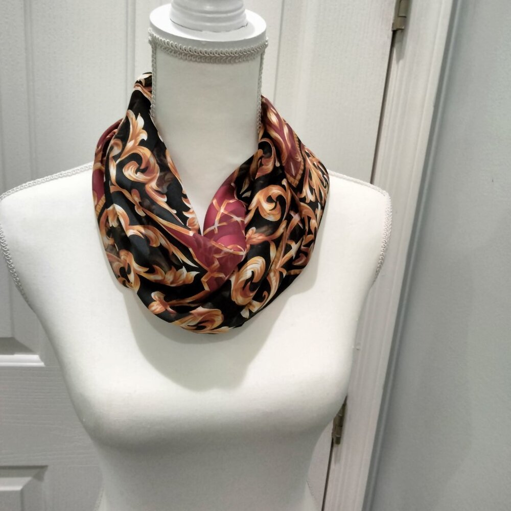 Sheer Scarf, Gold, Black, Burgundy Medallion Pattern, 34" Square, Polyester, New - Picture 7 of 10
